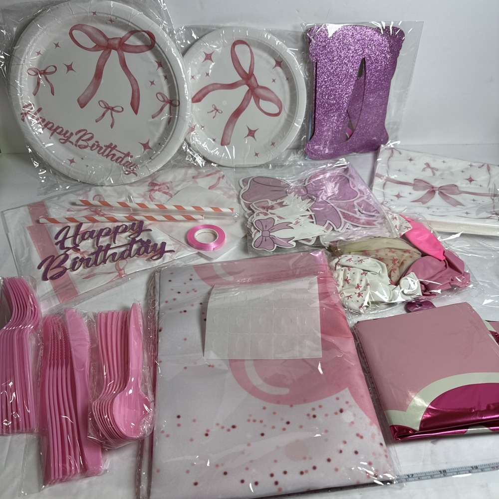 Pink bow happy birthday decoration set, Backdrop Balloons and serving set for 10